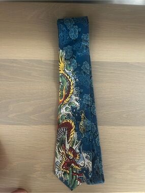 Ed Hardy by Christian Audigier Blue Dragon Print Tie Y2K All Silk With Crystals